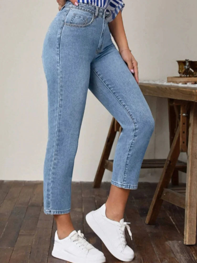 Pantaloni A Gamba Dritta Micro Elastici Da Donna Vita Alta Tinta Unita Jeans Primavera Versatili Moda Streetwear