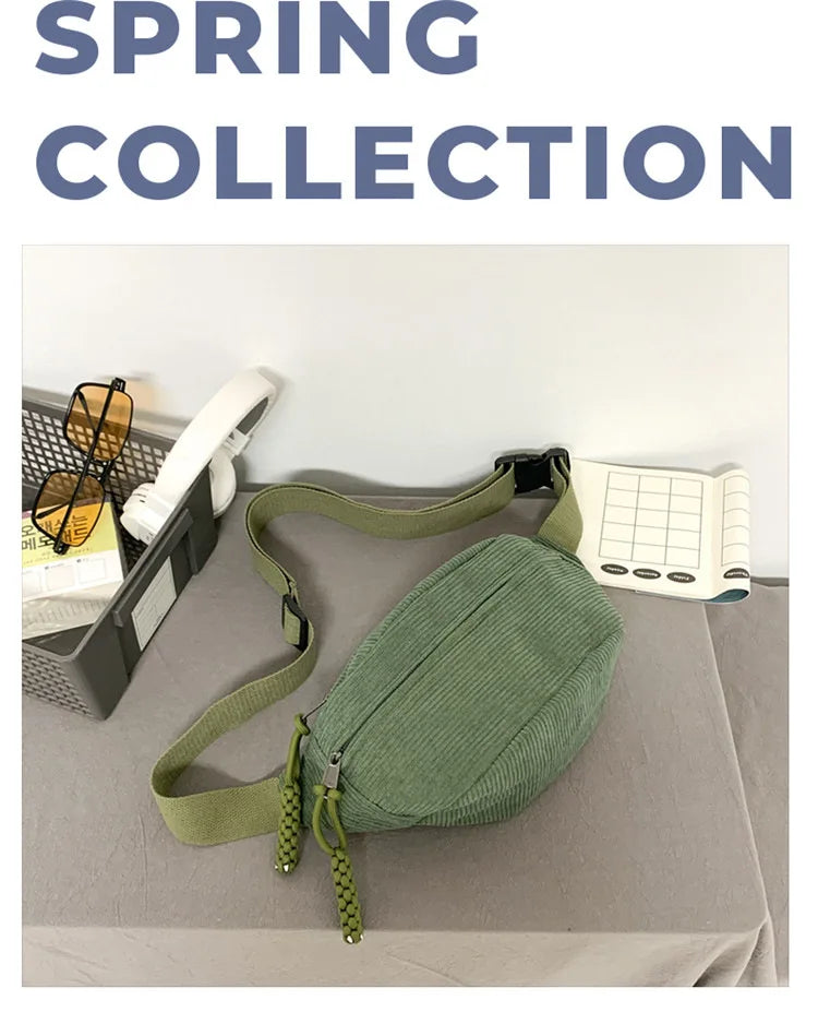 Marsupio da Donna in Velluto a Coste di Grande Capacità Borsa da Petto Stile Street Borsa a Tracolla Cintura Casual
