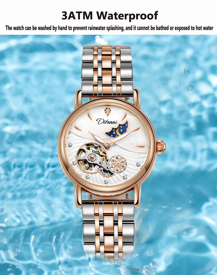 Orologio Da Donna Automatico Impermeabile Con Fasi Lunari E Fiori Girevoli Lusso Di Marca Pregiata