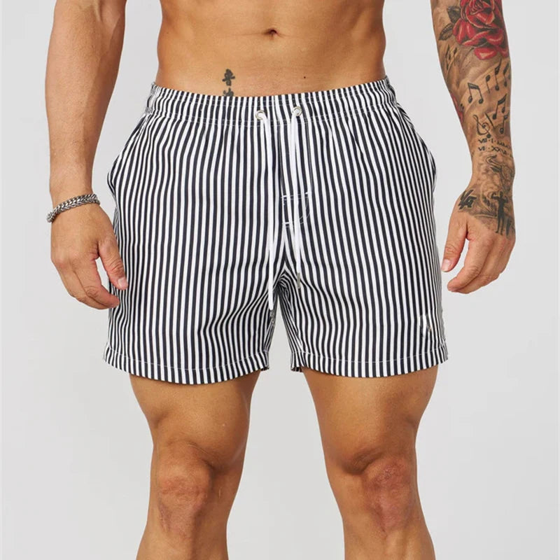 Pantaloncini Da Surf Uomo A Strisce Semplice Linea Sottile Con Coulisse Ad Asciugatura Rapida Spiaggia Estiva