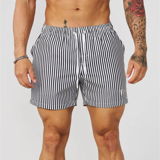 Pantaloncini Da Surf Uomo A Strisce Semplice Linea Sottile Con Coulisse Ad Asciugatura Rapida Spiaggia Estiva