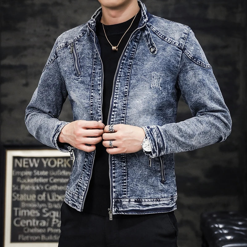 Giacca Jeans Uomo Denim Streetwear Primavera Autunno Collo Mandarino Slim Fit Capispalla