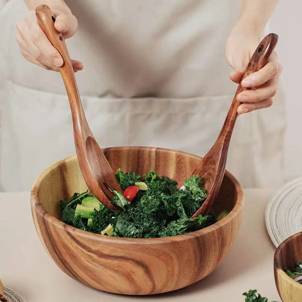 Jaswehome Set Tre Pezzi Ciotole In Legno Di Acacia Naturale Con Cucchiaio E Forchetta Per Servire