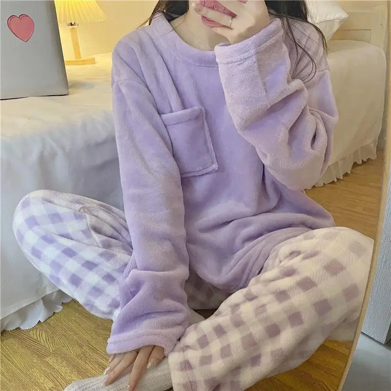 Pigiama Da Donna Caldo In Pile Set Pigiama Invernale Morbido Top Solido E Pantaloni Scozzesi Per Casa