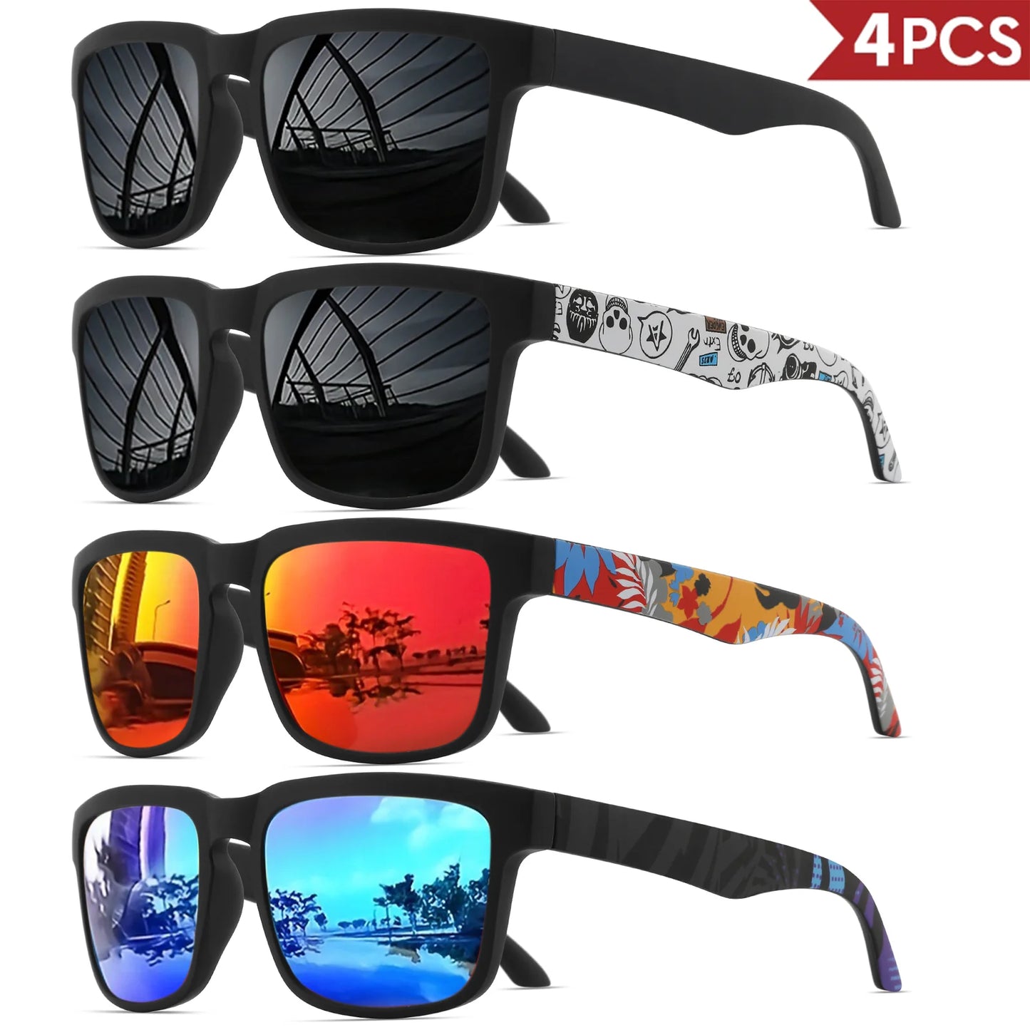 Occhiali Da Sole Sportivi Quadrati 4 Pezzi Motivo Tempio Design UV400 Per Uomini E Donne Vacanze Al Mare
