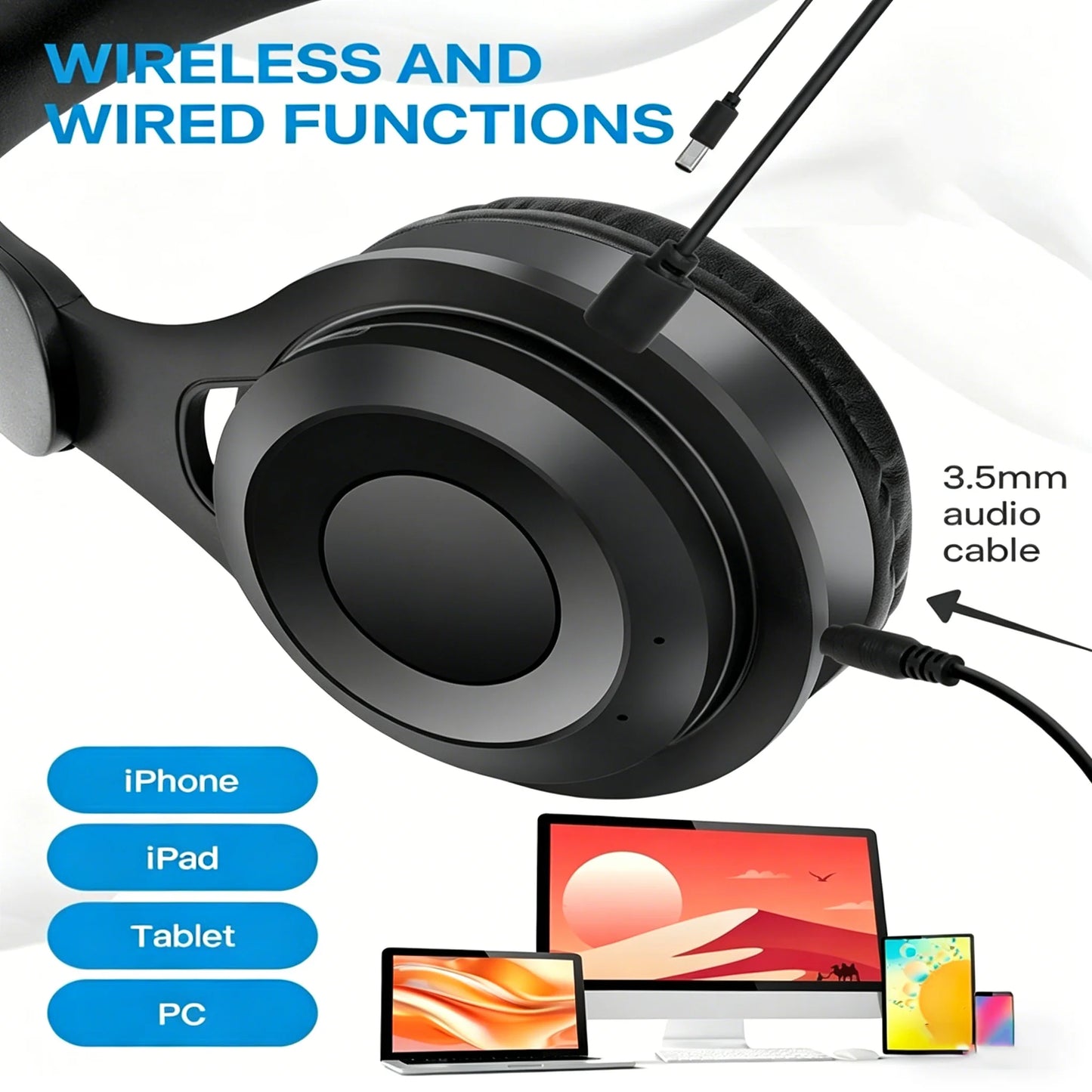 Cuffie Wireless Bluetooth Ad Alta Fedeltà Con Microfono HD Integrato Audio Stereo Nitido Connessione Stabile