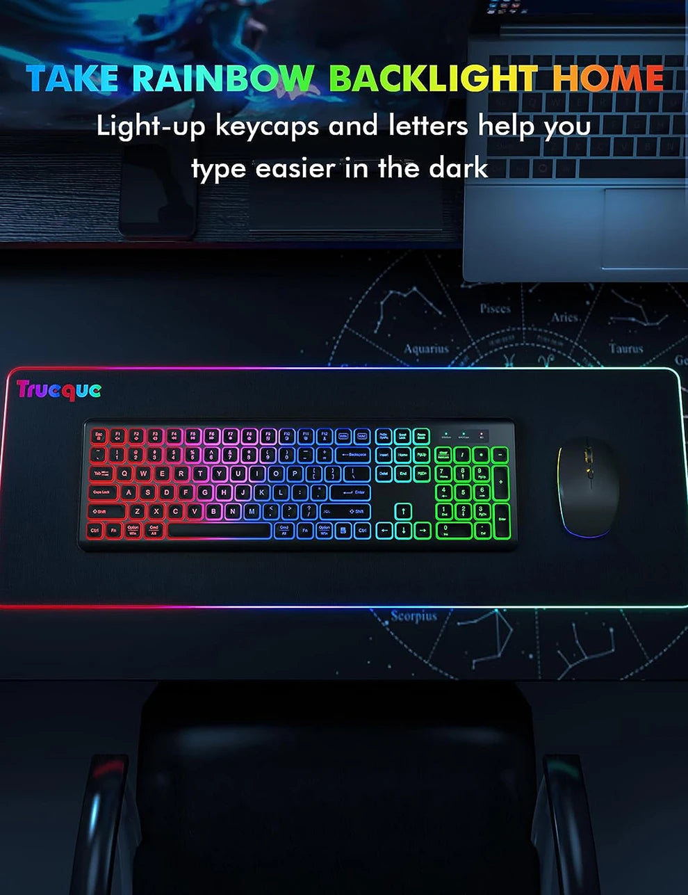 Combinazione Tastiera E Mouse Wireless Retroilluminati Ricaricabili Modalità Sleep 2,4 GHz Tasti Illuminati Ergonomico