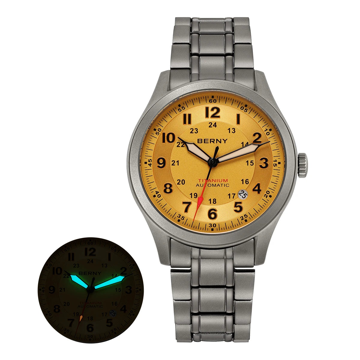 BERNY Orologio Da Campo Da Uomo Automatico In Titanio Con Vetro Zaffiro Luminoso Calendario 10ATM Impermeabile Da Pilota