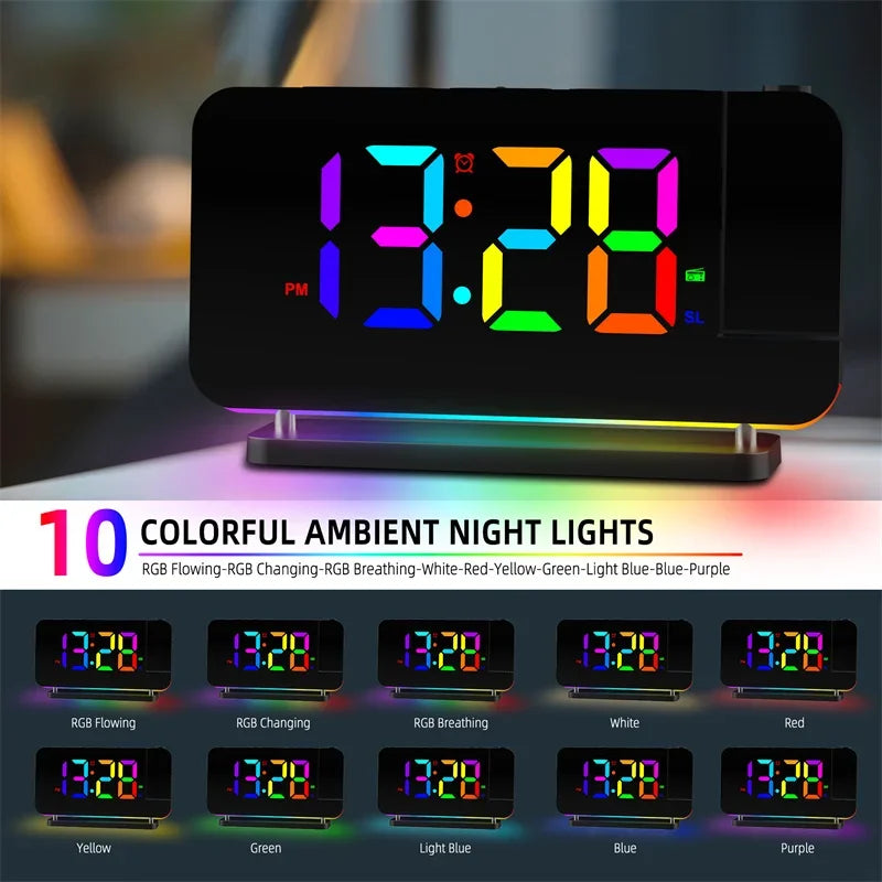 Radio FM a Proiezione 180 Gradi con Sveglia RGB e Luce Notturna 6 Livelli di Luminosità USB Doppia Uscita Orologio LED