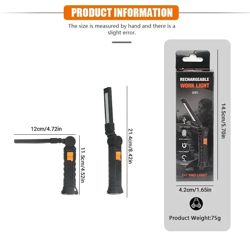 Torcia Portatile A LED COB Ricaricabile USB Lanterna Magnetica Con Batteria Incorporata Per Campeggio E Lavoro