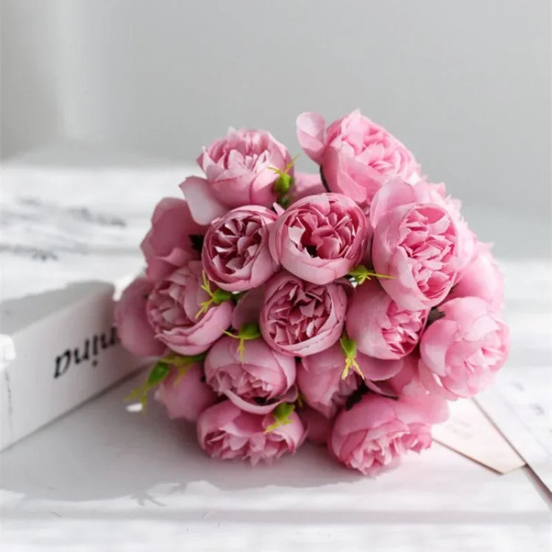 Rosa Rosa Peonia Fiori Artificiali In Seta Bouquet Da 27 Teste Per Vaso Da Tavolo Decorazione Nozze Casa