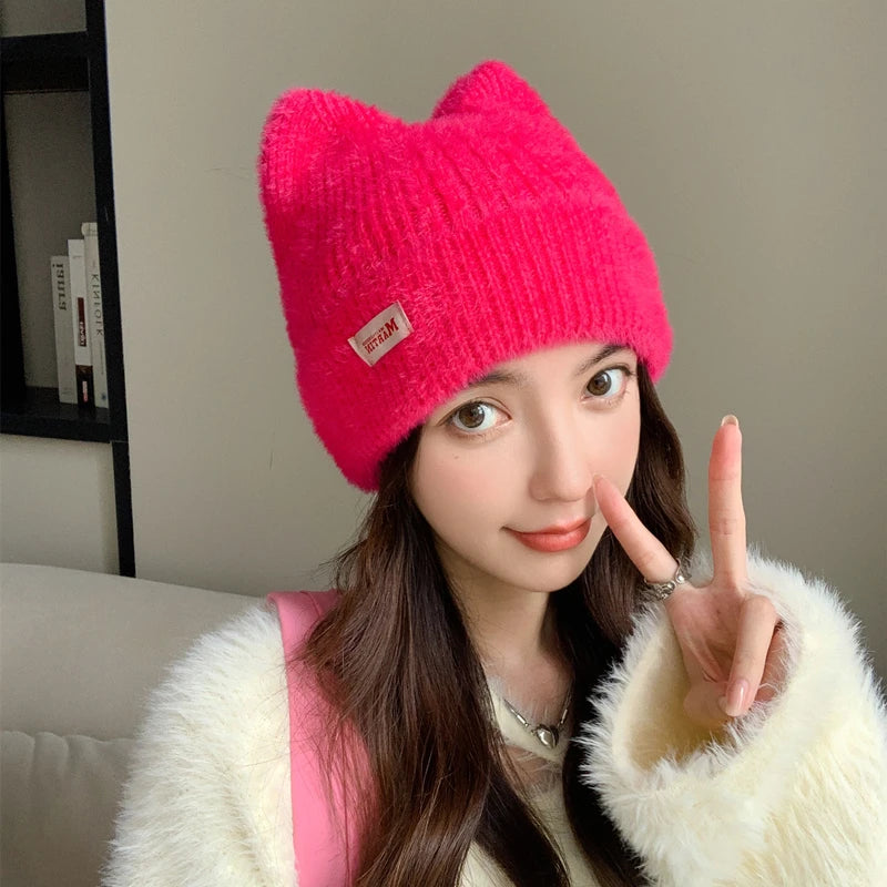 Cappello Invernale Femminile con Orecchie da Gatto Pelliccia Sintetica Lavorato a Maglia Stile Kpop Morbido Berretto