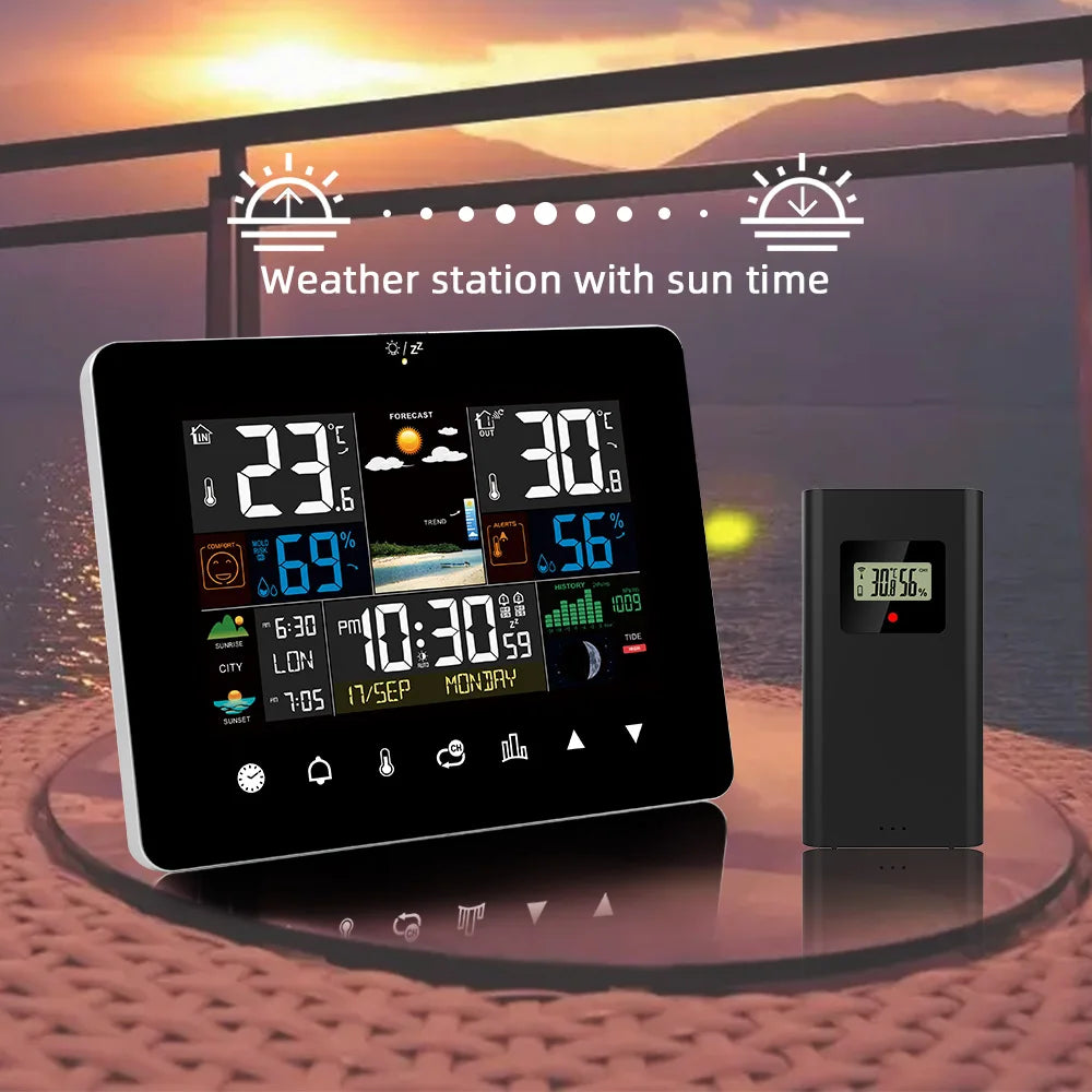 Stazione Meteo Multifunzionale Sveglia Touch Screen Termometro Igrometro Con Sensore Wireless Alba Tramonto Igrotermografo