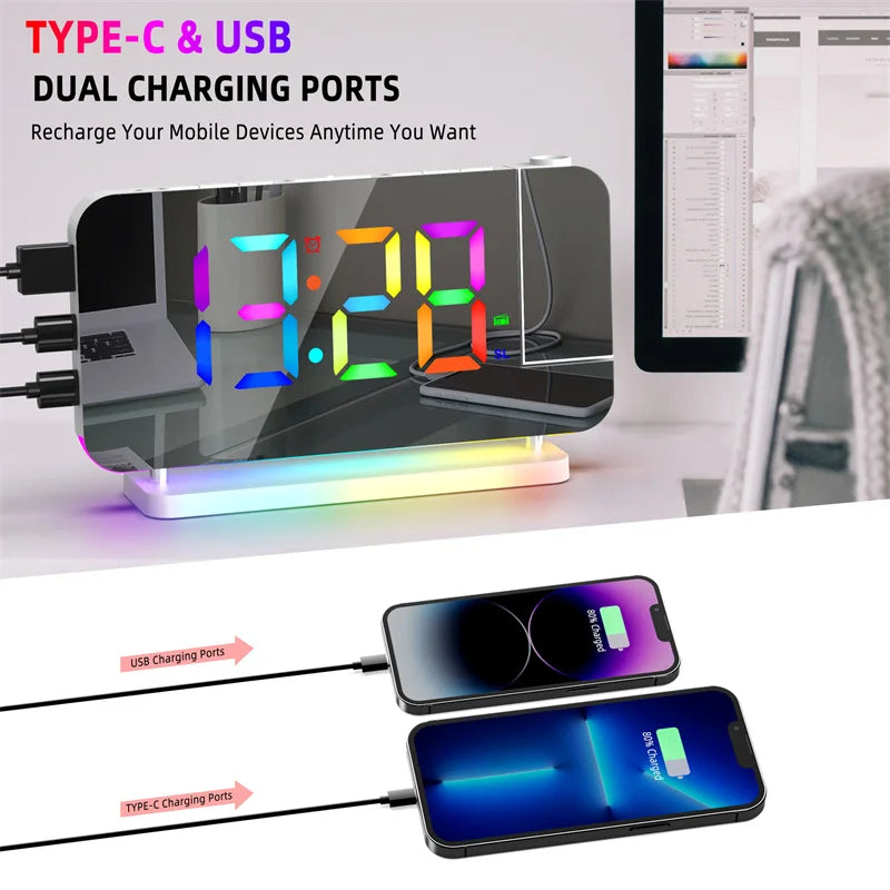 Radio FM a Proiezione 180 Gradi con Sveglia RGB e Luce Notturna 6 Livelli di Luminosità USB Doppia Uscita Orologio LED