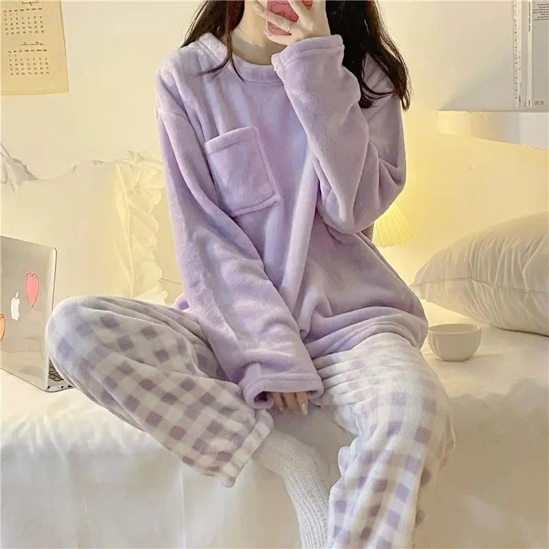 Pigiama Da Donna Caldo In Pile Set Pigiama Invernale Morbido Top Solido E Pantaloni Scozzesi Per Casa