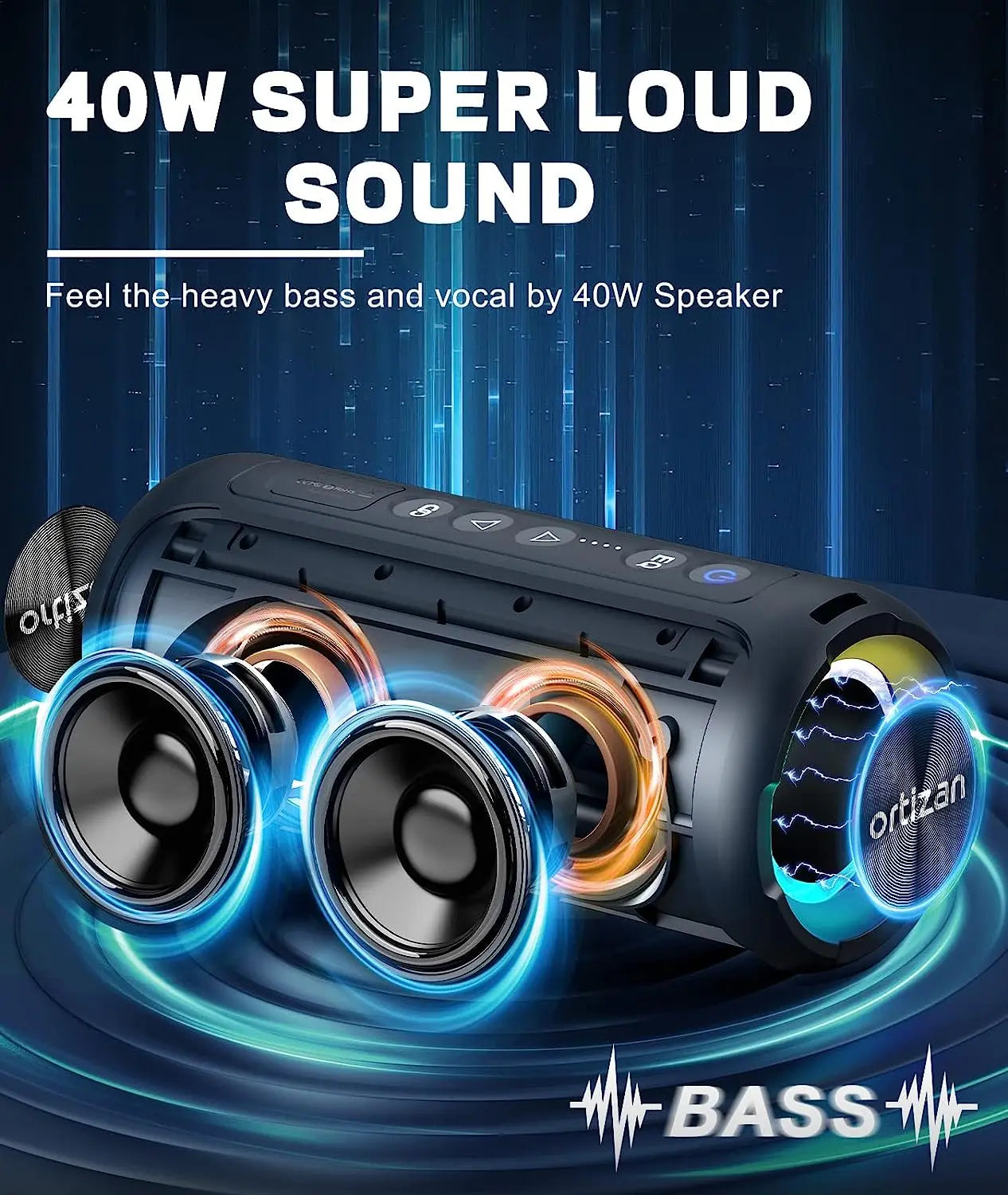 Ortizan X8 Pro Altoparlante Bluetooth Portatile 40 W Suono Stereo Impermeabile IPX7 Bassi Deep Luci RGB 30 Ore 3 EQ