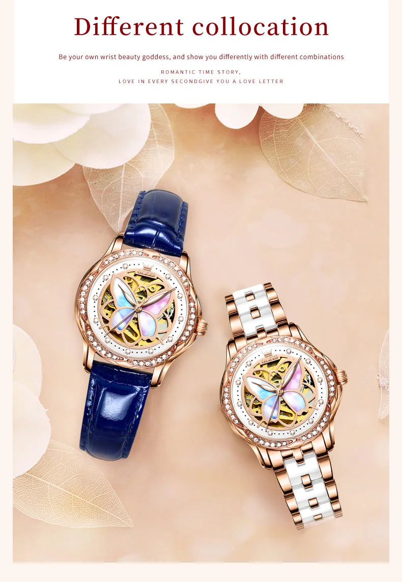 OLEVS Orologio Da Donna Meccanico Automatico In Ceramica Lunetta Originale Impermeabile Luminoso Quadrante A Farfalla