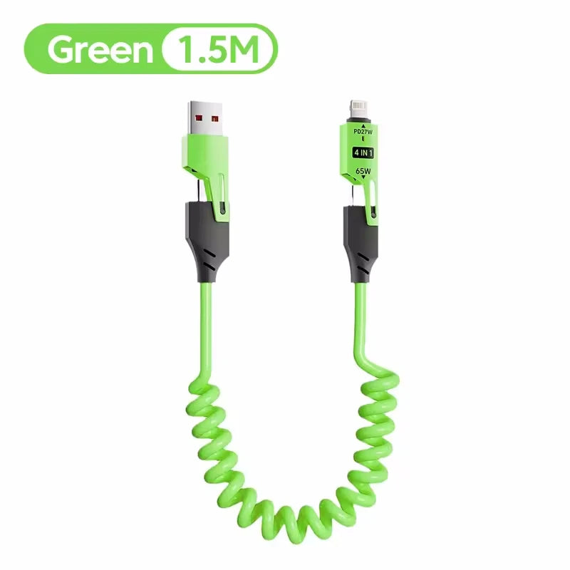 Cavo USB A Molla 4 In 1 Per Caricabatterie Rapido Da 65 W Tipo C 6A Per iPhone iPad MacBook Huawei