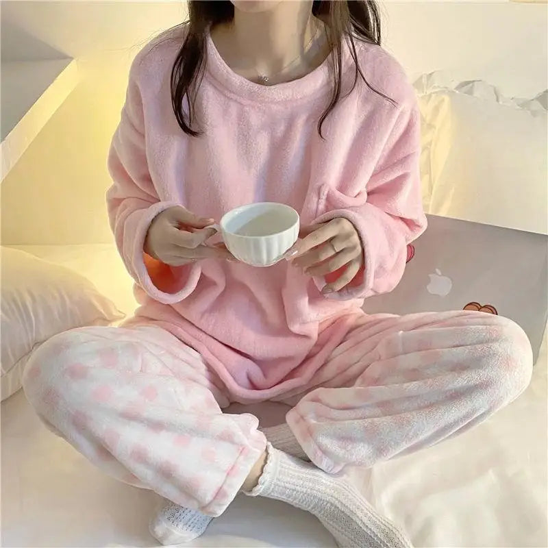 Pigiama Da Donna Caldo In Pile Set Pigiama Invernale Morbido Top Solido E Pantaloni Scozzesi Per Casa
