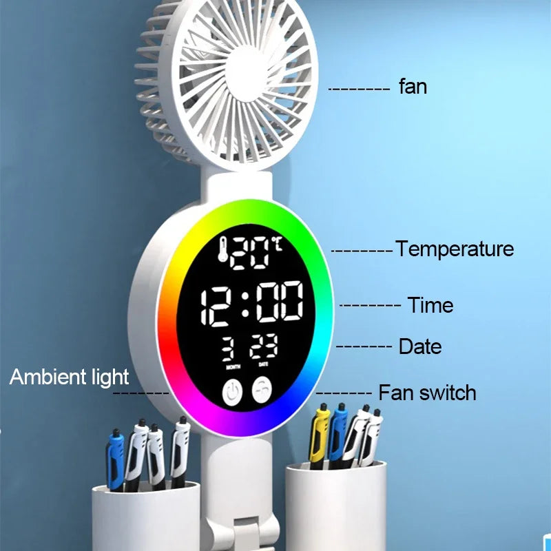 Lampada Da Tavolo Led Con Ventilatore Orologio Ricaricabile Luminosità Regolabile Per Studio Scrivania