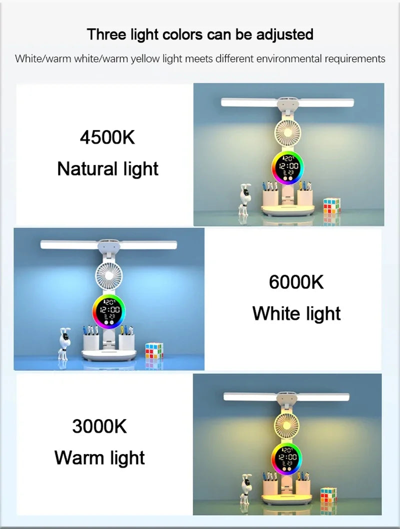 Lampada Da Tavolo Led Con Ventilatore Orologio Ricaricabile Luminosità Regolabile Per Studio Scrivania