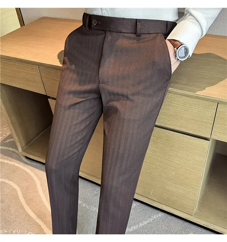Pantaloni Da Abito Inverno In Lana Spessa Con Vita Elastica Gessati E Tinta Unita Per Uomo