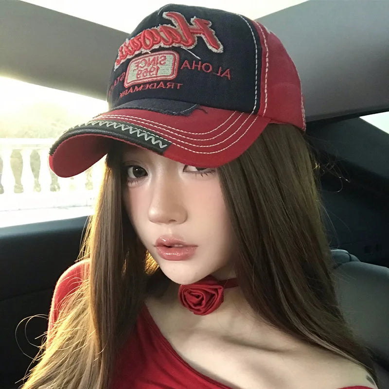 Berretto da Baseball Retrò per Donna in Denim con Lingua d'Anatra Cappello con Visiera Rossa Vintage per Ragazza