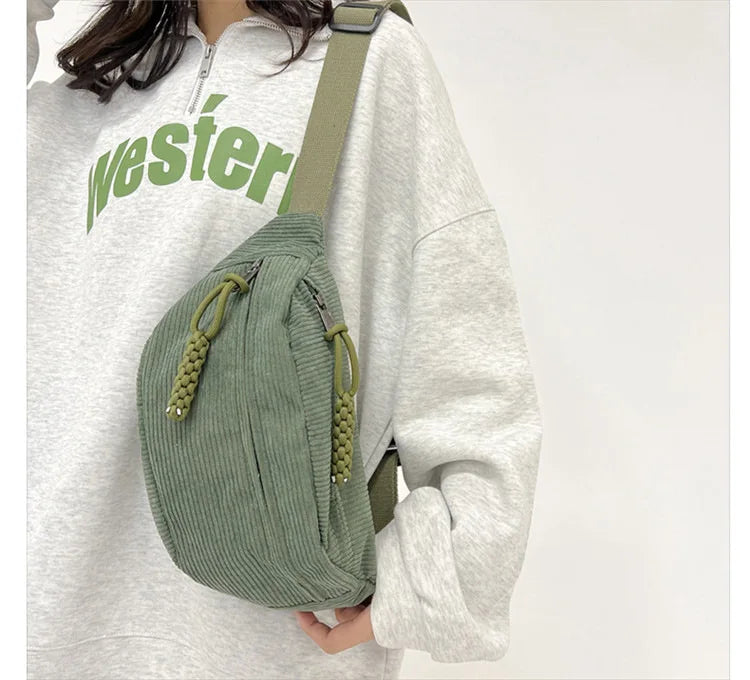 Marsupio da Donna in Velluto a Coste di Grande Capacità Borsa da Petto Stile Street Borsa a Tracolla Cintura Casual