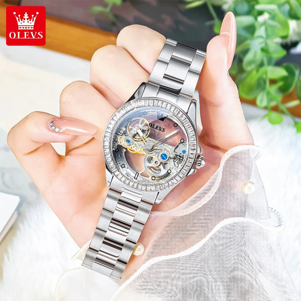 OLEVS 6699 Orologio Meccanico Da Donna Con Lunetta Diamanti Lusso Automatico Di Marca