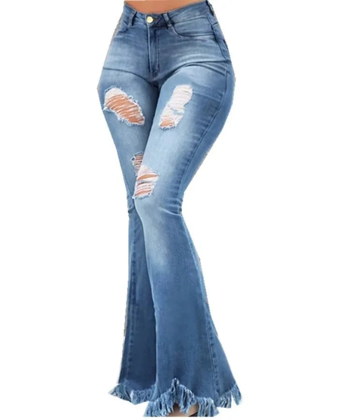 Jeans Strappati Distressed Flare Da Donna Vita Alta In Denim Lavato Candeggiato Con Tasche Estate 2024