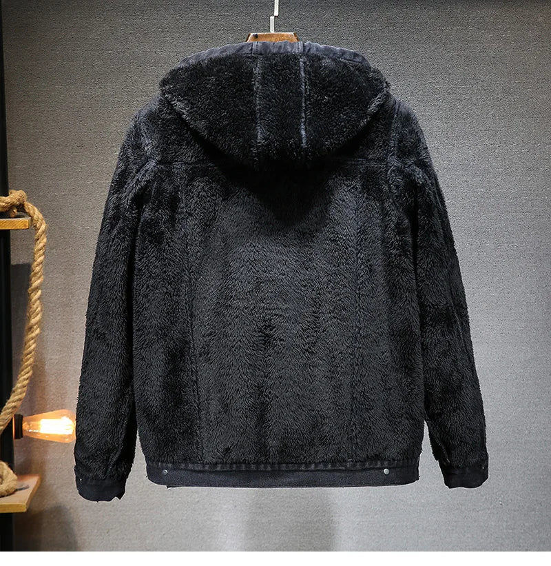 Giacca Jeans Uomo Invernale Termica Spessa Con Cappuccio In Pile Denim Casual Fit Trend