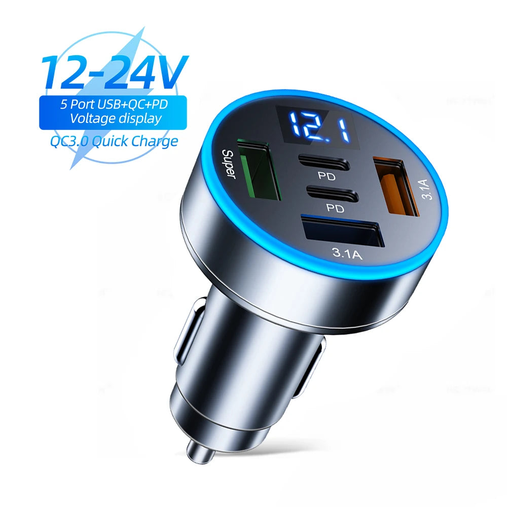 Caricabatteria Auto Kebidumei 250 W a 5 Porte Ricarica Rapida PD QC3.0 USB C per IPhone Samsung Huawei Xiaomi