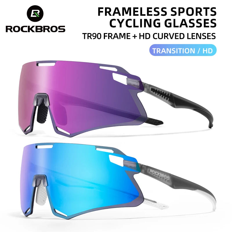 ROCKBROS Occhiali Da Ciclismo Leggeri Senza Cornice Lenti Fotocromatiche Ad Alta Definizione Per Strada Sportivi
