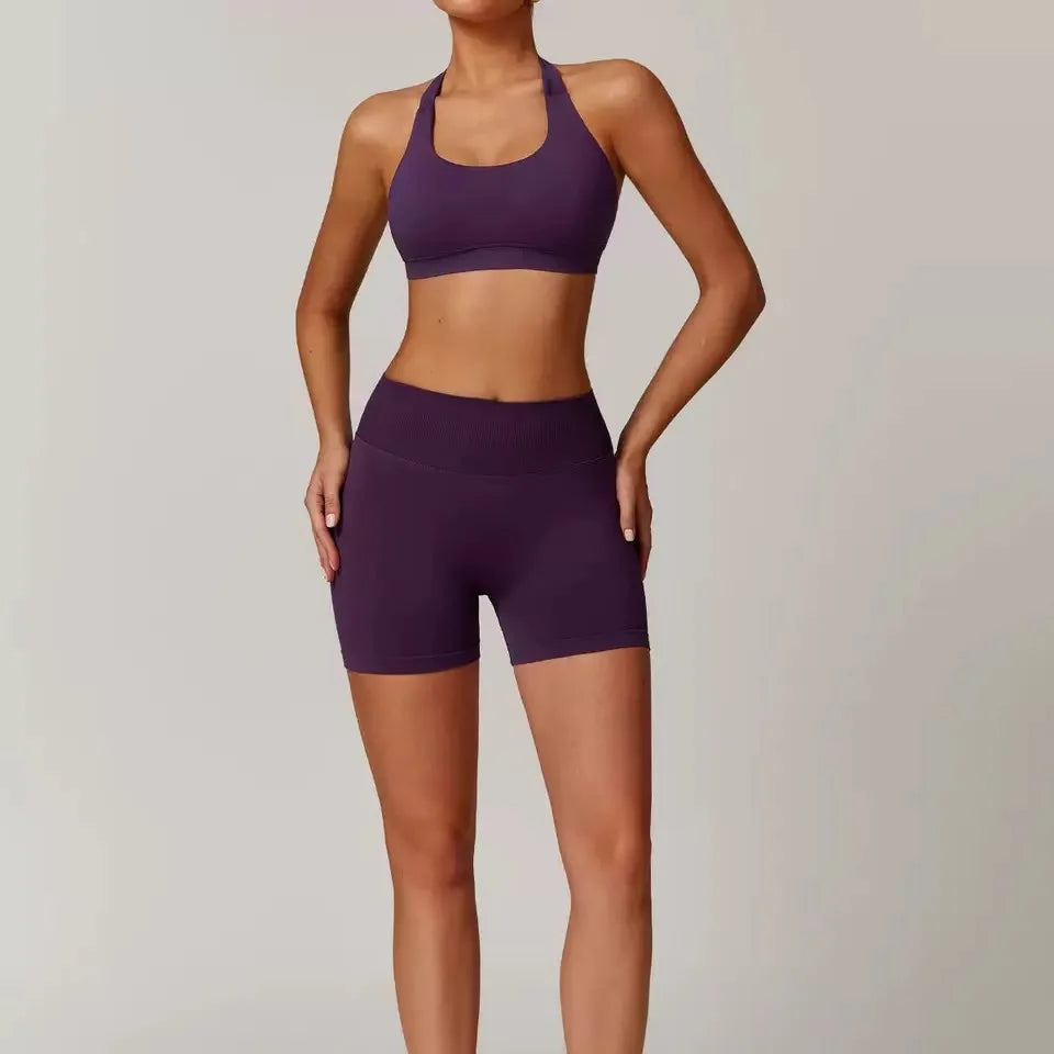 Set Sportivo Da Yoga Donna 2 Pezzi Giacca Seamless Scollo Americana Reggiseno Pantaloncini Elasticizzati Per Fitness