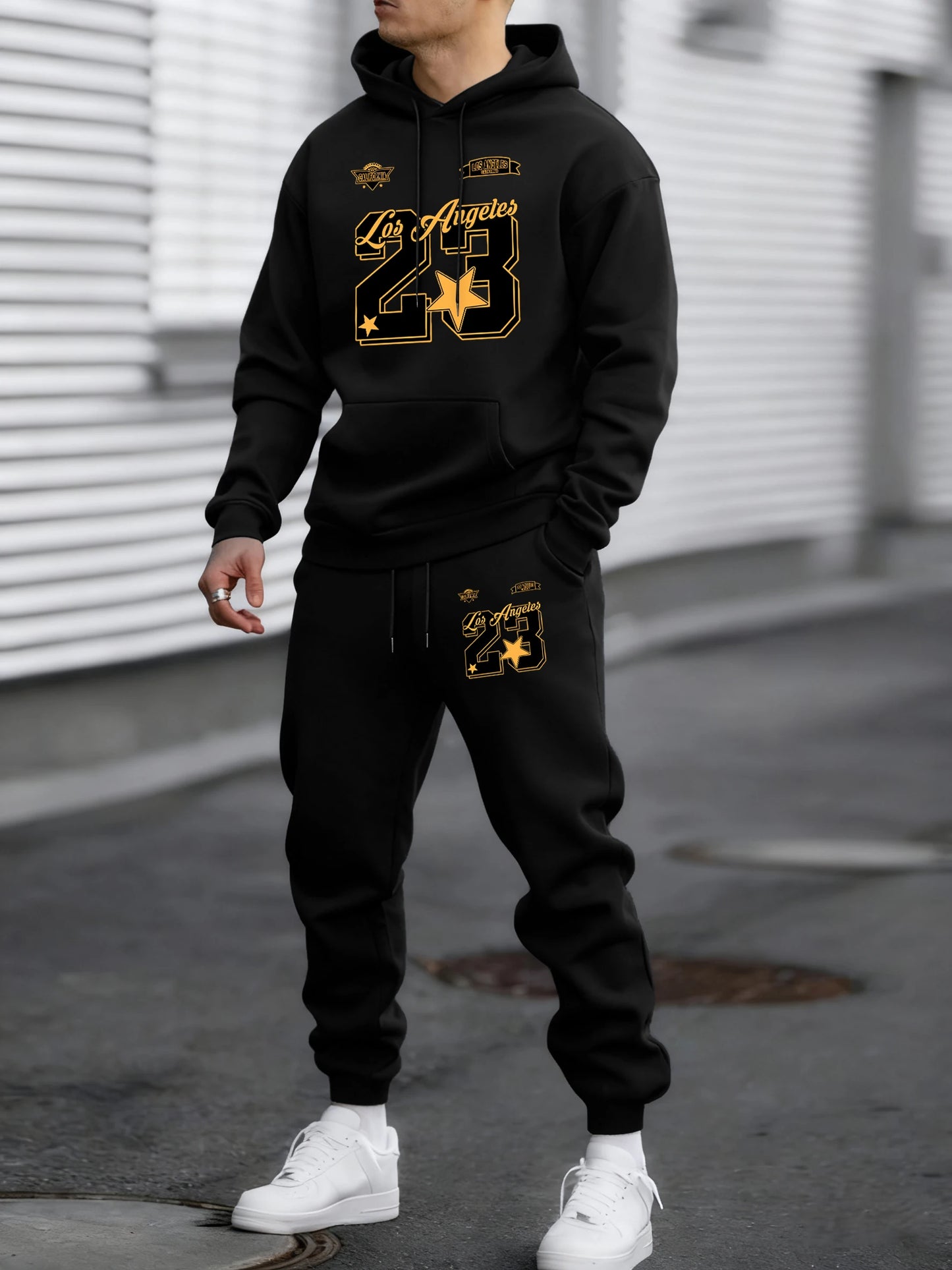 Felpa Con Cappuccio Uomo Autunno Inverno Set Pantaloni Lunghi In Pile Con Tasche Stampa Numero 23 Los Angeles California