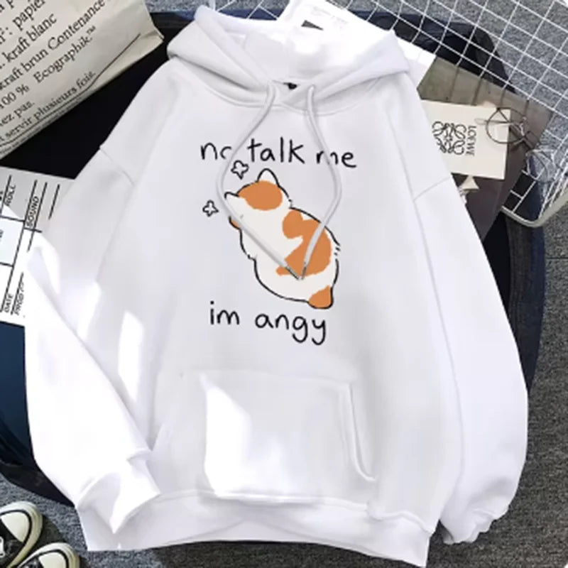 Felpa Con Cappuccio Oversize Donna Stampa Gatto Arrabbiato No Talk Me Cute Hip Hop Streetwear Pile Morbido