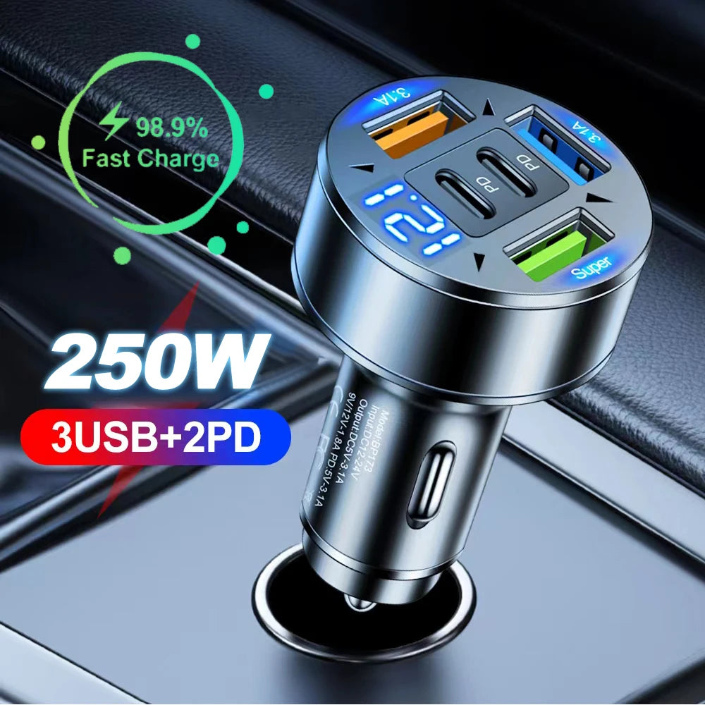 Caricabatteria Auto Kebidumei 250 W a 5 Porte Ricarica Rapida PD QC3.0 USB C per IPhone Samsung Huawei Xiaomi