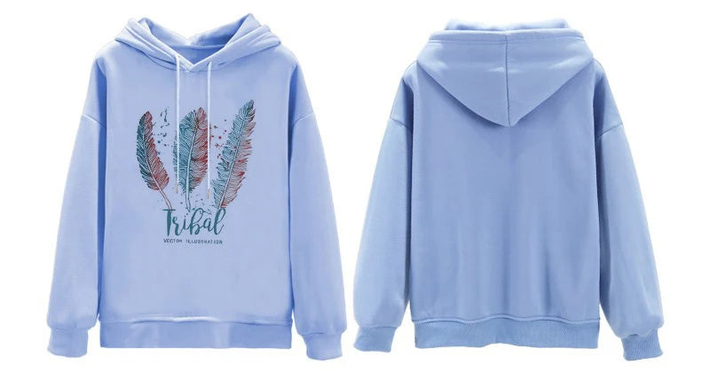 Felpa Con Cappuccio Stampata Con Piume Donna Autunno Inverno In Velluto Casual Oversize