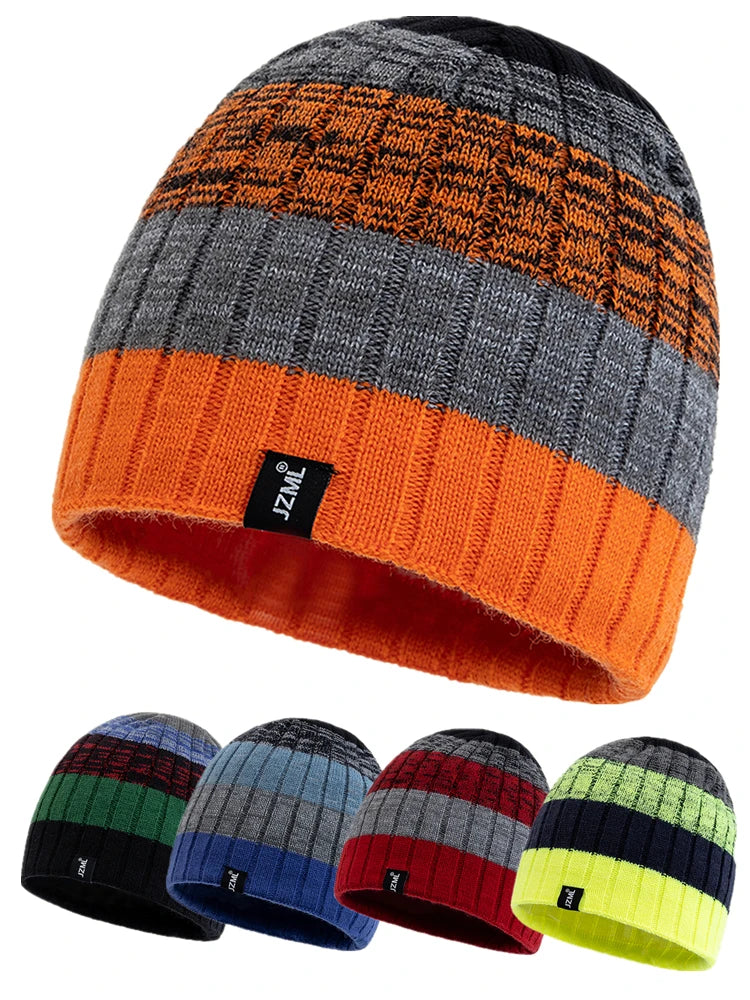 Cappello Cuffia Unisex Con Etichetta JZML Berretto Casual A Strisce Colorate Lavorato A Maglia Invernale