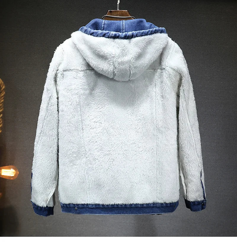 Giacca Jeans Uomo Invernale Termica Spessa Con Cappuccio In Pile Denim Casual Fit Trend