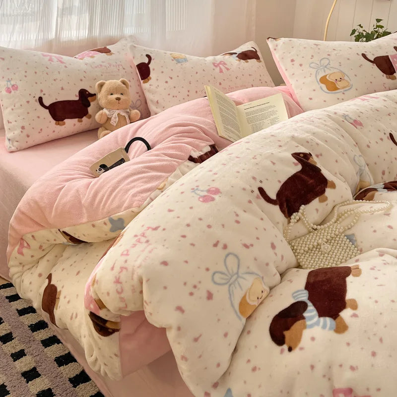 Set Biancheria Da Letto 4 Pezzi In Pile Latte Stampato Invernale Duvet Copripiumino Stile Semplice Accogliente GSM 130