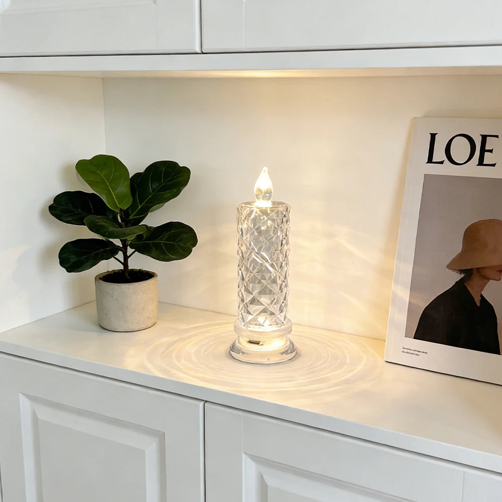 Candela LED In Acrilico Senza Fiamma Con Proiezione Rosa Notturna Romantica Per Feste Matrimonio E Decorazione Tavolo