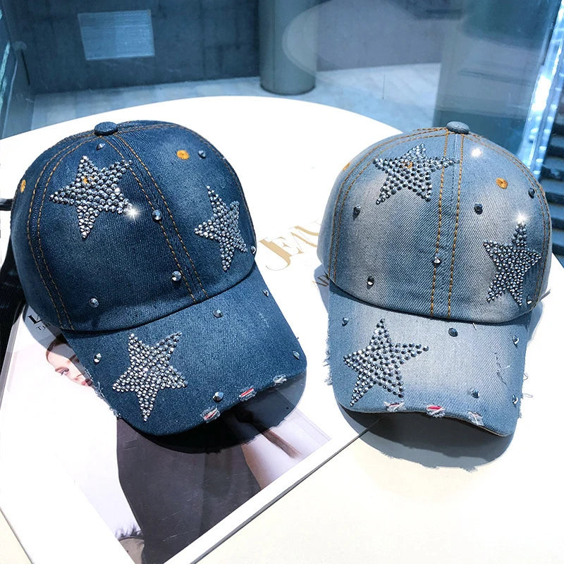 Berretto Da Baseball Da Donna In Denim Con Stella Di Strass Regolabile Snapback Con Visiera Alla Moda