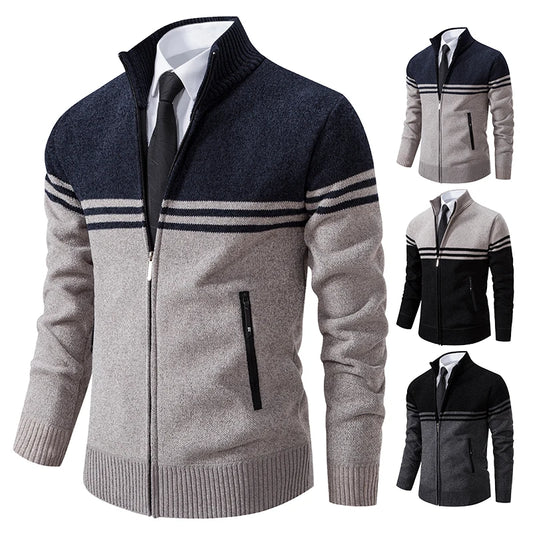 Nuovo Maglione Invernale da Uomo in Pile Spesso con Colletto Coreano e Cerniera Cardigan Casual a Righe