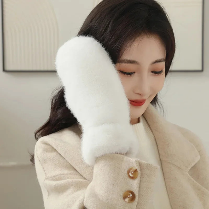 Guanti In Peluche Spessi E Caldi Con Cashmere E Pelliccia Di Coniglio Imitazione Per Donne Antivento Con Dita Intere