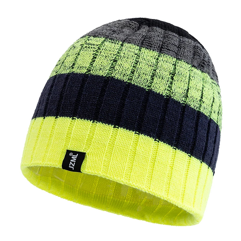 Cappello Cuffia Unisex Con Etichetta JZML Berretto Casual A Strisce Colorate Lavorato A Maglia Invernale