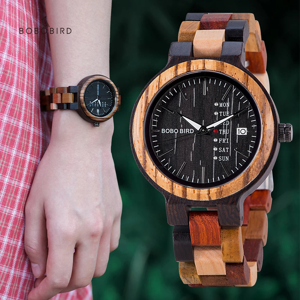 Orologio In Legno Unisex Quarzo Settimana Data Coppia Cinturino Colorato Logo Personalizzato Regalo Dropship