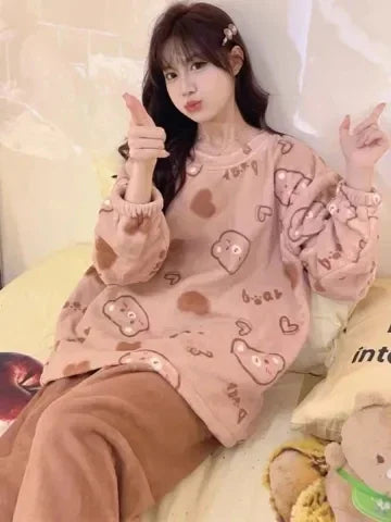 Pigiama Da Donna In Flanella Caldo Due Pezzi Autunno Inverno Pantaloni A Maniche Lunghe Morbido Carino Da Casa