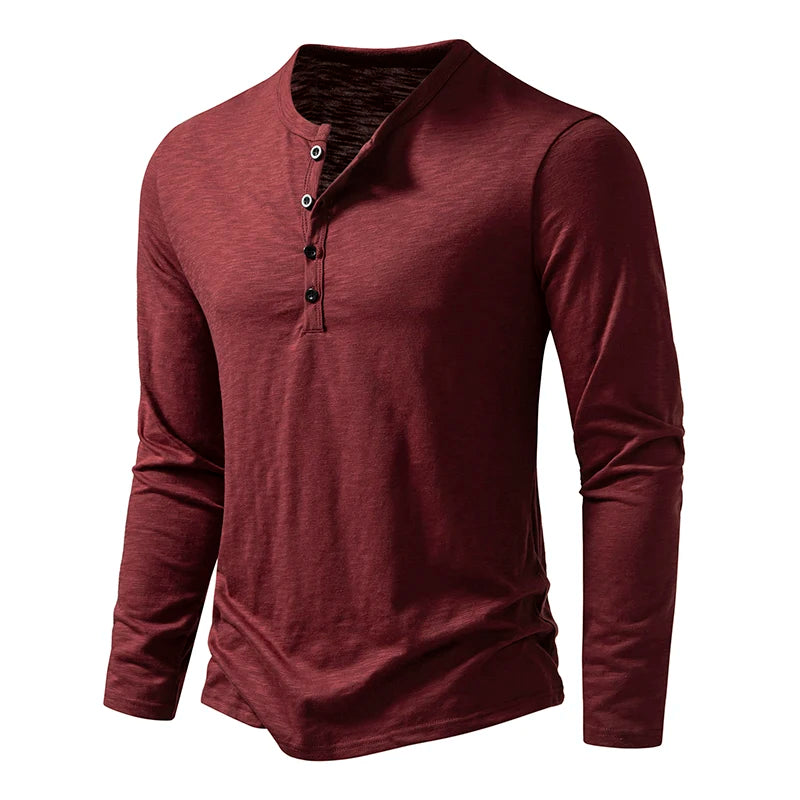T Shirt Henley In Cotone Da Uomo Maniche Lunghe Con Colletto A Bottoni Casual Streetwear Traspirante
