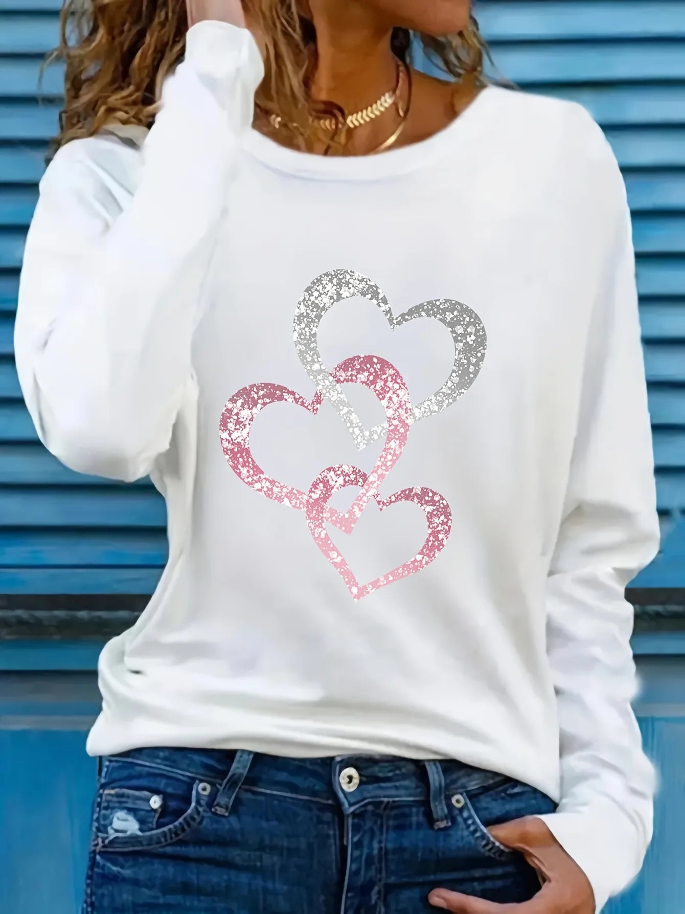 T Shirt Da Donna Maniche Lunghe Con Scollo Tondo Stampa Amore Brillante Moda Casual In Cotone Puro Primavera Autunno